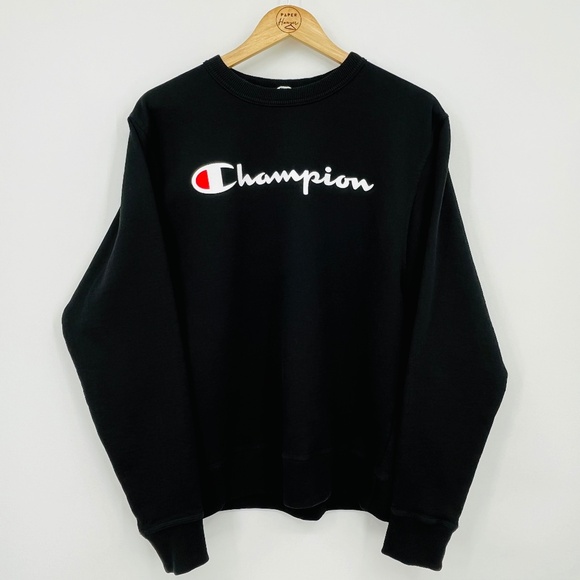 Champion Powerblend Crewneck Sweatshirt, Classic Script Logo Black Men's Small - Picture 2 of 9